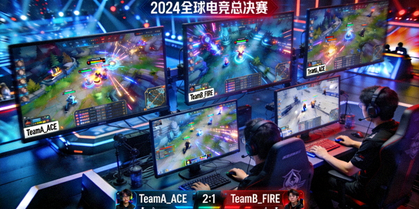 电子竞技赛事直播画面，展示激烈的电竞比赛和选手风采